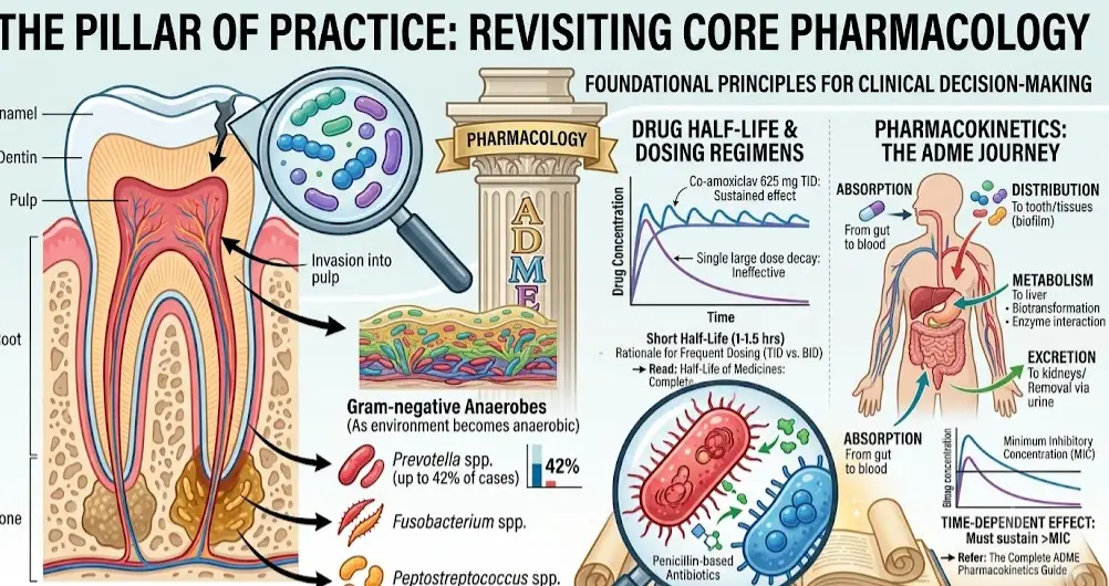 The Pillar of Practice: Revisiting Core Pharmacology A deep understanding of this comparison comes from the core principles of clinical pharmacology. To truly appreciate why we choose one drug over another, we must revisit the foundational concepts that govern their behavior in the body. For example, the short half-life of co-amoxiclav (approximately 1-1.5 hours for both components) dictates its dosing frequency. This is why the 625 mg formulation is dosed three times daily, while the higher dose is often dosed twice daily. To explore the concept of half-life and why it's so crucial for dosing regimens, be sure to read our detailed guide on the Half-Life of Medicines: Complete Guide. Furthermore, the overall pharmacokinetics—how a drug is absorbed, distributed, metabolized, and excreted (ADME)—is fundamental to clinical decision-making. Why can't you just give a single dose of amoxicillin and expect it to cure an abscess for a week? Because the drug's effect is time-dependent and requires sustained levels above the minimum inhibitory concentration (MIC) for a significant portion of the dosing interval. Understanding these principles is essential for rational prescribing. For a deep dive into the entire ADME journey, please refer to our comprehensive resource, The Complete ADME Pharmacokinetics Guide. These principles are what separate a good clinician from a great one.