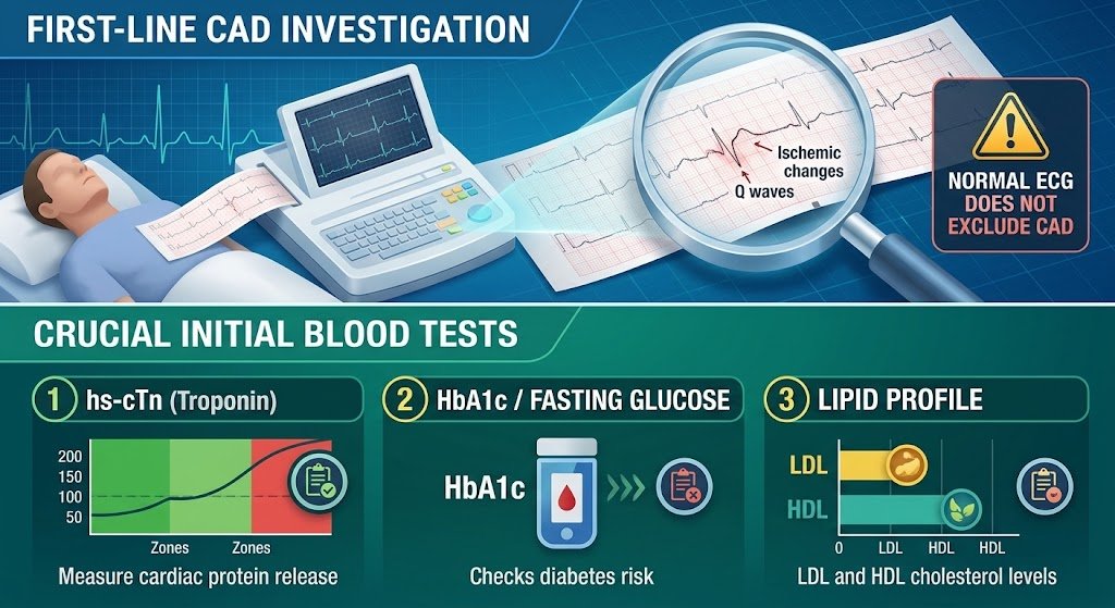 coronary artery disease diagnosis, CAD diagnosis, heart artery blockage test, coronary angiography, ECG for heart disease, coronary CT angiography, cardiac stress test,