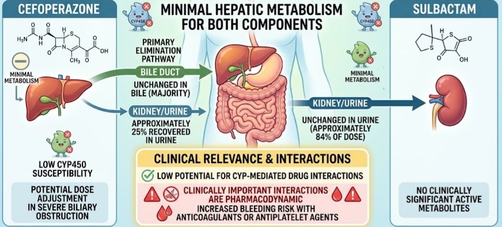 Metabolism Neither component of cefoperazone sulbactam undergoes extensive hepatic metabolism. Primary Metabolic Pathway: Cefoperazone is minimally metabolized. The majority of the administered dose is excreted unchanged in bile, with approximately 25% recovered in urine. Because hepatic metabolism is not a major pathway, cefoperazone is less susceptible to drug interactions mediated by cytochrome P450 enzymes than many other drugs. However, hepatic impairment — particularly severe biliary obstruction — can significantly affect cefoperazone elimination, potentially requiring dose adjustment or monitoring. Major Enzymes and Metabolites: Sulbactam is also minimally metabolized. Approximately 84% of the administered dose is excreted unchanged in urine. There are no clinically significant active metabolites for either component. Clinical Relevance and Enzyme Interactions: Because neither component is primarily metabolized by CYP enzymes, cefoperazone sulbactam has a relatively low potential for pharmacokinetic drug interactions via metabolic pathways. The clinically important interactions are pharmacodynamic rather than metabolic — particularly the increased risk of bleeding when combined with anticoagulants or antiplatelet agents.